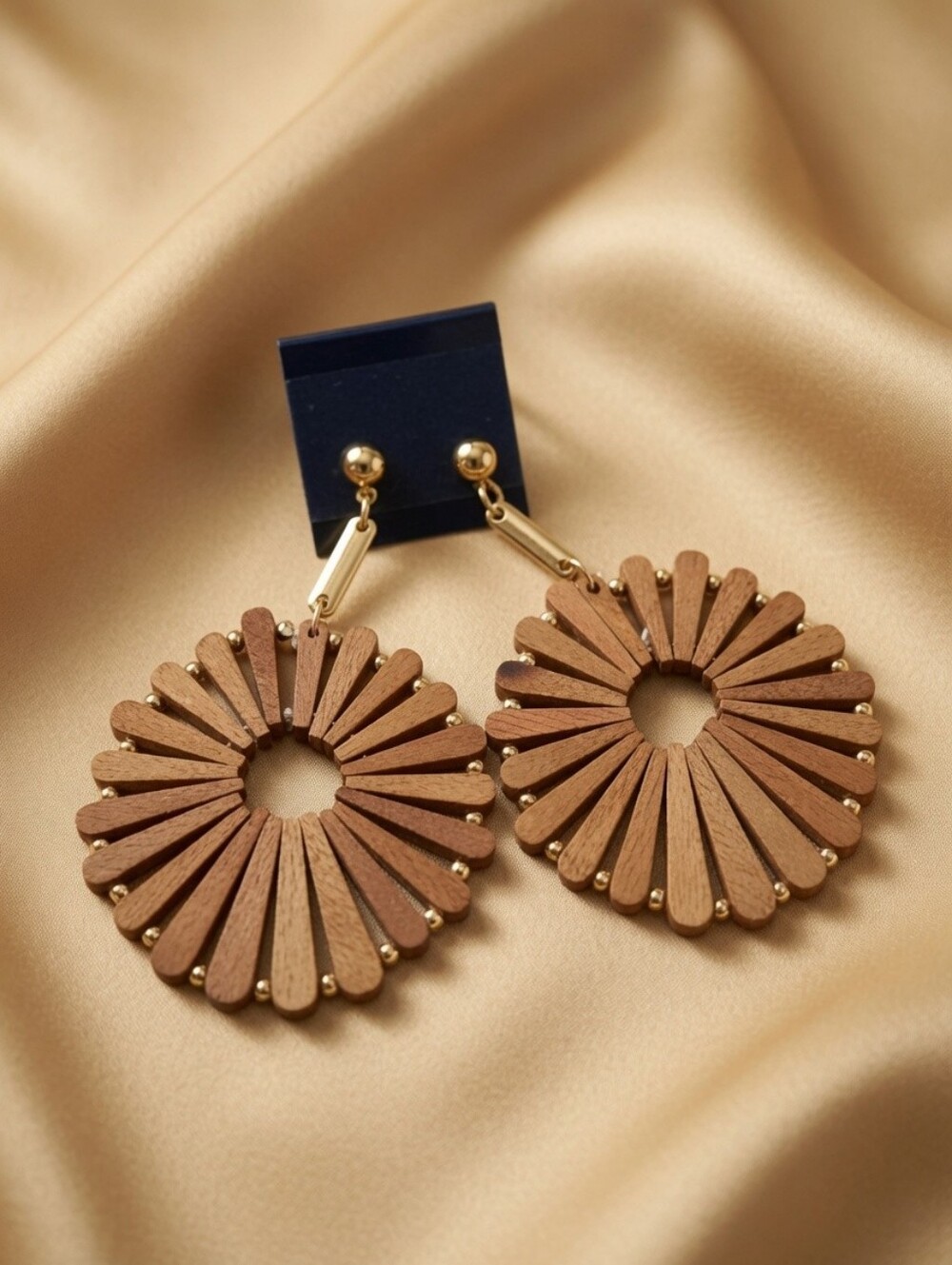 New. Whisper of Golden Sand – Wooden Sunburst Mandala Earrings ✨
